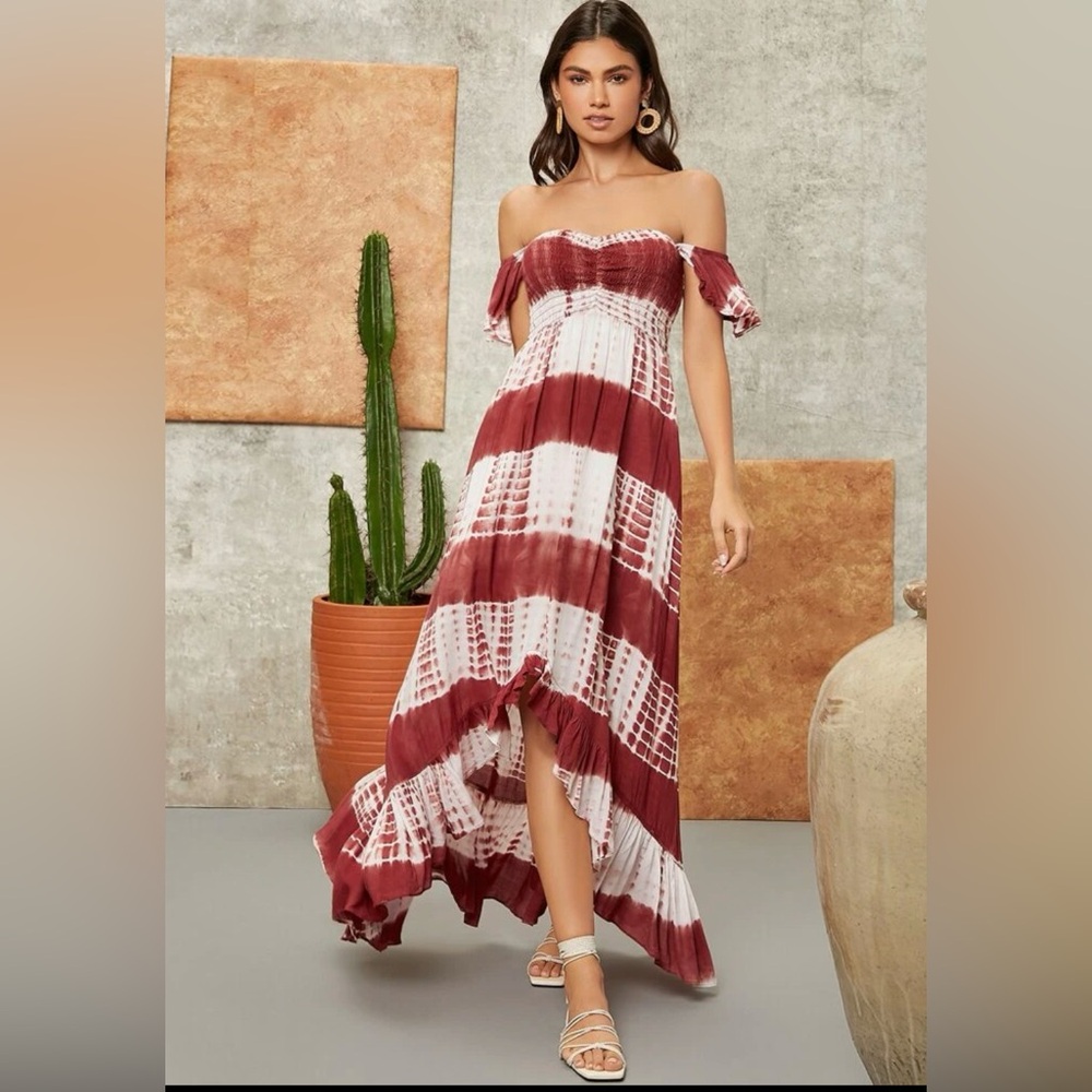 Strapless Burgundy and White High Low Dress